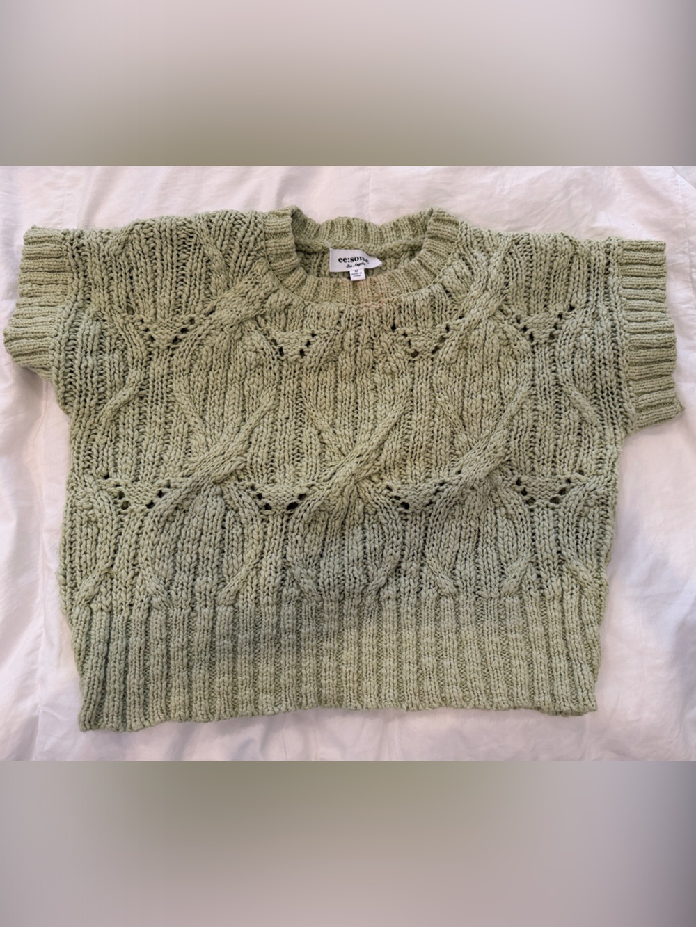 eesome Sage Green Textured Cable-Knit Crew Sweater